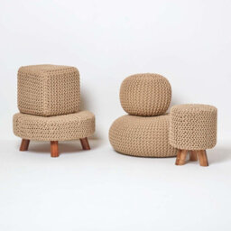 Homescapes Linen Large Round Cotton Knitted Pouffe Footstool - thumbnail 5