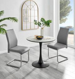 Furniturebox Elina White Marble Effect Round Pedestal Dining Table With Curved Black Support And 2 Grey Faux Leather Lorenzo Chairs