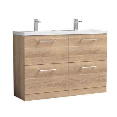 Balterley Bramshall 1200mm Floor Standing 4 Drawer Vanity Unit & Double Basin For Modern Bathroom Storage - Bleached Oak - image 1