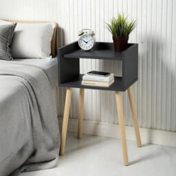 Modern Black Wooden Nightstand Tall Bedside Table With Pinewood Legs And Open Shelf Slim Side Table H60 X L40 X W30Cm - thumbnail 4