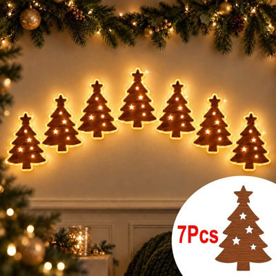 Amorly 7Pcs Light Up Wooden Wall Decor, Christmas Tree Diy Peel & Stick Christmas Lights, Warm Backlit Ornaments For Home Decoration - image 1