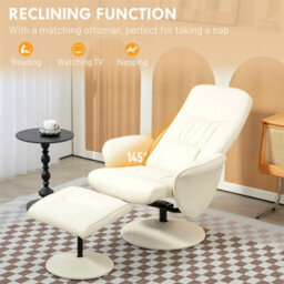 Cream White Swivel Recliner With Ottoman Pu Leather Reclining Chair And Footrest - thumbnail 3