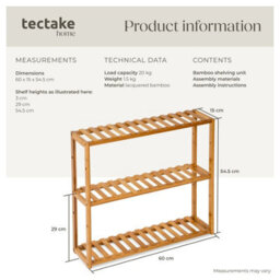 Tectake Bamboo Wood Bookcase Storage Shelf Rack Stand Display Shelving Unit 3 Tier  - Brown - thumbnail 6