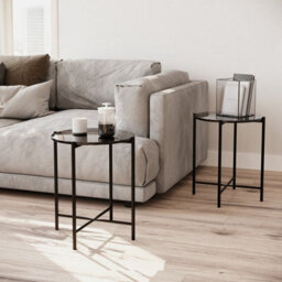Urbn-Living Urbnliving 45Cm Height 2 Pcs Black Marble Effect Tops Round Side End Coffee Table Metal Frame
