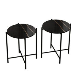 Urbn-Living Urbnliving 45Cm Height 2 Pcs Black Marble Effect Tops Round Side End Coffee Table Metal Frame - thumbnail 6