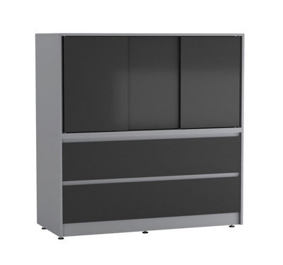 Urbn-Living Urbnliving 120Cm Height Grey With 3 Sliding Black Door 4 Drawer Bedside Cabinet Storage End Unit Bedroom Furniture - image 1