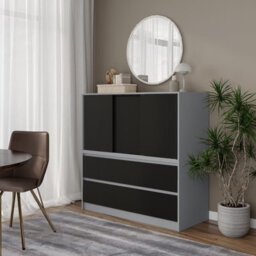 Urbn-Living Urbnliving 120Cm Height Grey With 3 Sliding Black Door 4 Drawer  Bedside Cabinet Storage End Unit Bedroom Furniture - thumbnail 3