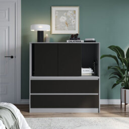 Urbn-Living Urbnliving 120Cm Height Grey With 3 Sliding Black Door 4 Drawer  Bedside Cabinet Storage End Unit Bedroom Furniture - thumbnail 2