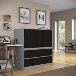 Urbn-Living Urbnliving 120Cm Height Grey With 3 Sliding Black Door 4 Drawer  Bedside Cabinet Storage End Unit Bedroom Furniture - thumbnail 4