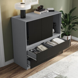 Urbn-Living Urbnliving 120Cm Height Grey With 3 Sliding Black Door 4 Drawer  Bedside Cabinet Storage End Unit Bedroom Furniture - thumbnail 5