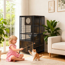 Costway Modern Cat Cabinet Cage Ndoor Wooden Cat Towel W/ Metal Frame - thumbnail 9