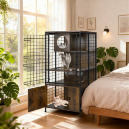 Costway Modern Cat Cabinet Cage Ndoor Wooden Cat Towel W/ Metal Frame - thumbnail 4
