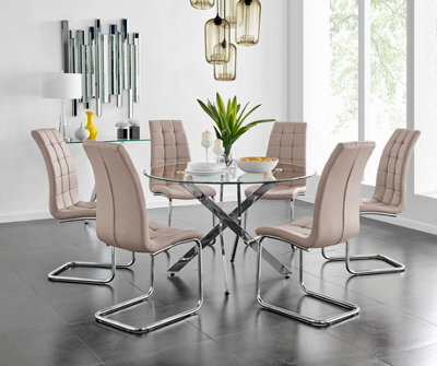 Furniturebox Uk Novara Chrome Metal And Glass Large Round Dining Table And 6 Cappuccino Beige Murano Chairs Set - image 1