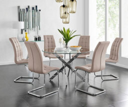Furniturebox Uk Novara Chrome Metal And Glass Large Round Dining Table And 6 Cappuccino Beige Murano Chairs Set - thumbnail 1