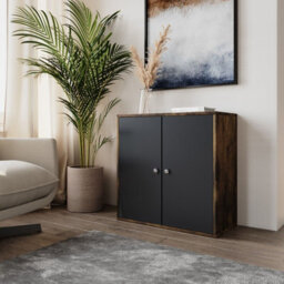 Urbn-Living Urbnliving Height 60Cm 2 Tier Wooden Storage Cabinet Side Furniture Color Rustic Brown With Black Door Cupboard Bedroom Hallway