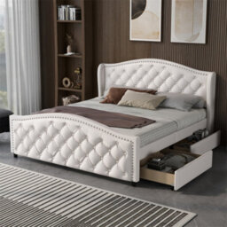 Abrihome Upholstered Bed 135X190Cm, 2 Drawers, Slatted Frame - White Faux Leather Headboard - Youth & Guest Bed - thumbnail 9