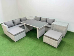 Fimous Rattan Garden Furniture Dining Set 8-Seater Patio Rectangular Table Sofa Set With 2 Side Tables 2 Big Stools Light Grey - thumbnail 2