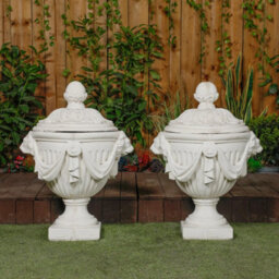 Pair Of Very Large White Stone Cast Lion Head Design Vase Urn - thumbnail 8