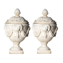 Pair Of Very Large White Stone Cast Lion Head Design Vase Urn - thumbnail 9