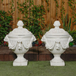 Pair Of Very Large White Stone Cast Lion Head Design Vase Urn - thumbnail 3