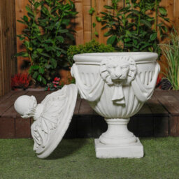 Pair Of Very Large White Stone Cast Lion Head Design Vase Urn - thumbnail 7