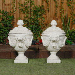Pair Of Very Large White Stone Cast Lion Head Design Vase Urn - thumbnail 2