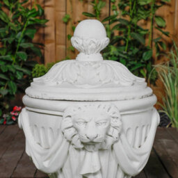 Pair Of Very Large White Stone Cast Lion Head Design Vase Urn - thumbnail 4