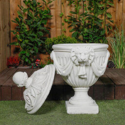 Pair Of Very Large White Stone Cast Lion Head Design Vase Urn - thumbnail 6