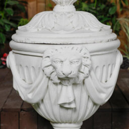 Pair Of Very Large White Stone Cast Lion Head Design Vase Urn - thumbnail 5