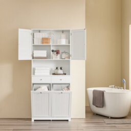 Sobuy Bzr215-W, Tall Slim Bathroom Storage Cabinet With 2 Laundry Hampers & 2 Drawers Narrow Freestanding Bathroom Unit - thumbnail 5