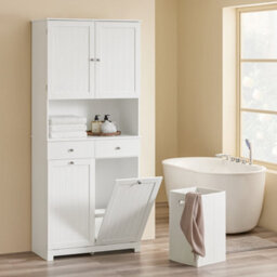 Sobuy Bzr215-W, Tall Slim Bathroom Storage Cabinet With 2 Laundry Hampers & 2 Drawers Narrow Freestanding Bathroom Unit - thumbnail 2