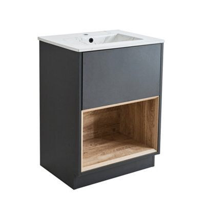 Homestylestore 612mm Black Grey Bathroom Vanity Unit Open Shelf Marble Effect Basin - image 1