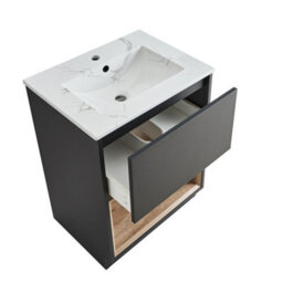 Homestylestore 612mm Black Grey Bathroom Vanity Unit Open Shelf Marble Effect Basin - thumbnail 2