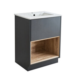 Homestylestore 612mm Black Grey Bathroom Vanity Unit Open Shelf Marble Effect Basin - thumbnail 1