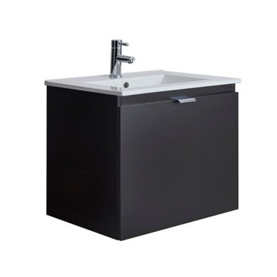 Homestylestore 600mm Black Grey Wall Hung Bathroom Vanity Unit And Chrome Finger Pull Handle - image 1