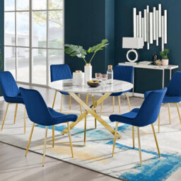 Furniturebox Uk Novara White Marble Gold Leg 120Cm Round Dining Table & 6 Navy Pesaro Gold Leg Chairs - thumbnail 1