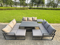 Fimous Aluminum Outdoor Patio Furniture Set With Adjustable Rising Lifting Dining Table Big Footstool Side Table Dark Grey - thumbnail 1
