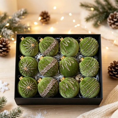 Amorly 12 Pack Flocked Velvet Christmas Ball Ornaments, 8Cm Hanging Tree Baubles, Seasonal Indoor Home Christmas Decor (Light Green) - image 1