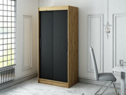 Arte Leto T Contemporary 2 Sliding Door Wardrobe 5 Shelves 2 Rails Black Matt And Oak Effect (H)2000mm (W)1000mm (D)620mm - thumbnail 2