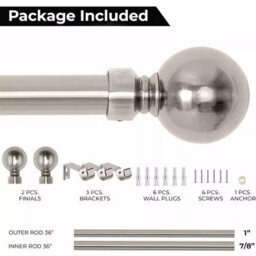 Ameha Curtain Metal Pole Extendable Curtain Rod,60mm Finials, Ring,brackets And Fitting Set (120-210Cm, 48''- 84'',brushed Silver) - thumbnail 4