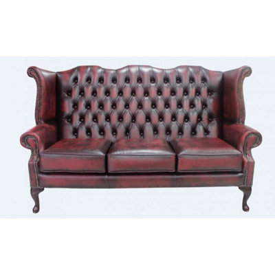 Chesterfield 3 Seater High Back Wing Sofa Antique Oxblood Red Leather In Queen Anne Style - image 1