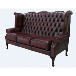 Chesterfield 3 Seater High Back Wing Sofa Antique Oxblood Red Leather In Queen Anne Style - thumbnail 3