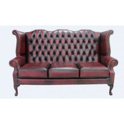 Chesterfield 3 Seater High Back Wing Sofa Antique Oxblood Red Leather In Queen Anne Style - thumbnail 1