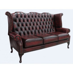 Chesterfield 3 Seater High Back Wing Sofa Antique Oxblood Red Leather In Queen Anne Style - thumbnail 2