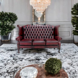 Chesterfield 3 Seater High Back Wing Sofa Antique Oxblood Red Leather In Queen Anne Style - thumbnail 5