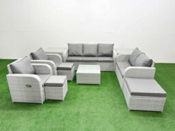 Fimous Pe Rattan Garden Furniture Set Adjustable Chair Sofa Double Love Seat Lounge Set Square Coffee Table 3 Stools 2 Side Table