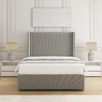 Bsspoke Nola Divan Bed In Silver Plush Velvet With 54Inch Headboard & Footboard & Mattress No Drawers In 3Ft 4Ft 4Ft6 5Ft 6Ft - image 1