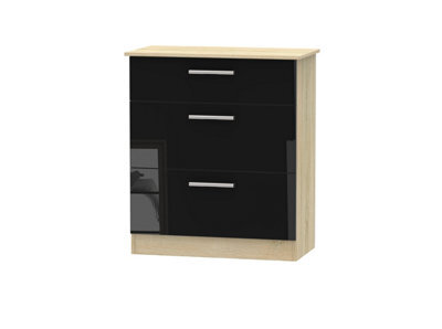 Trent 3 Drawer Deep Chest Of Drawers In Black & Black Matt (Ready Assembled) - image 1