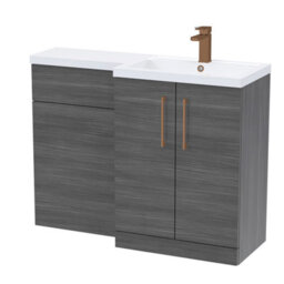 Balterley Right-Hand Bathroom Vanity And Wc Unit Combination, Basin - 1100mm - Woodgrain Anthracite, Brushed Bronze Handles