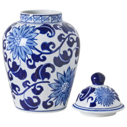 Wyld And Coco Living White And Blue Lidded Ginger Jar Vase Porcelain, 18Cm X 36Cm - thumbnail 3